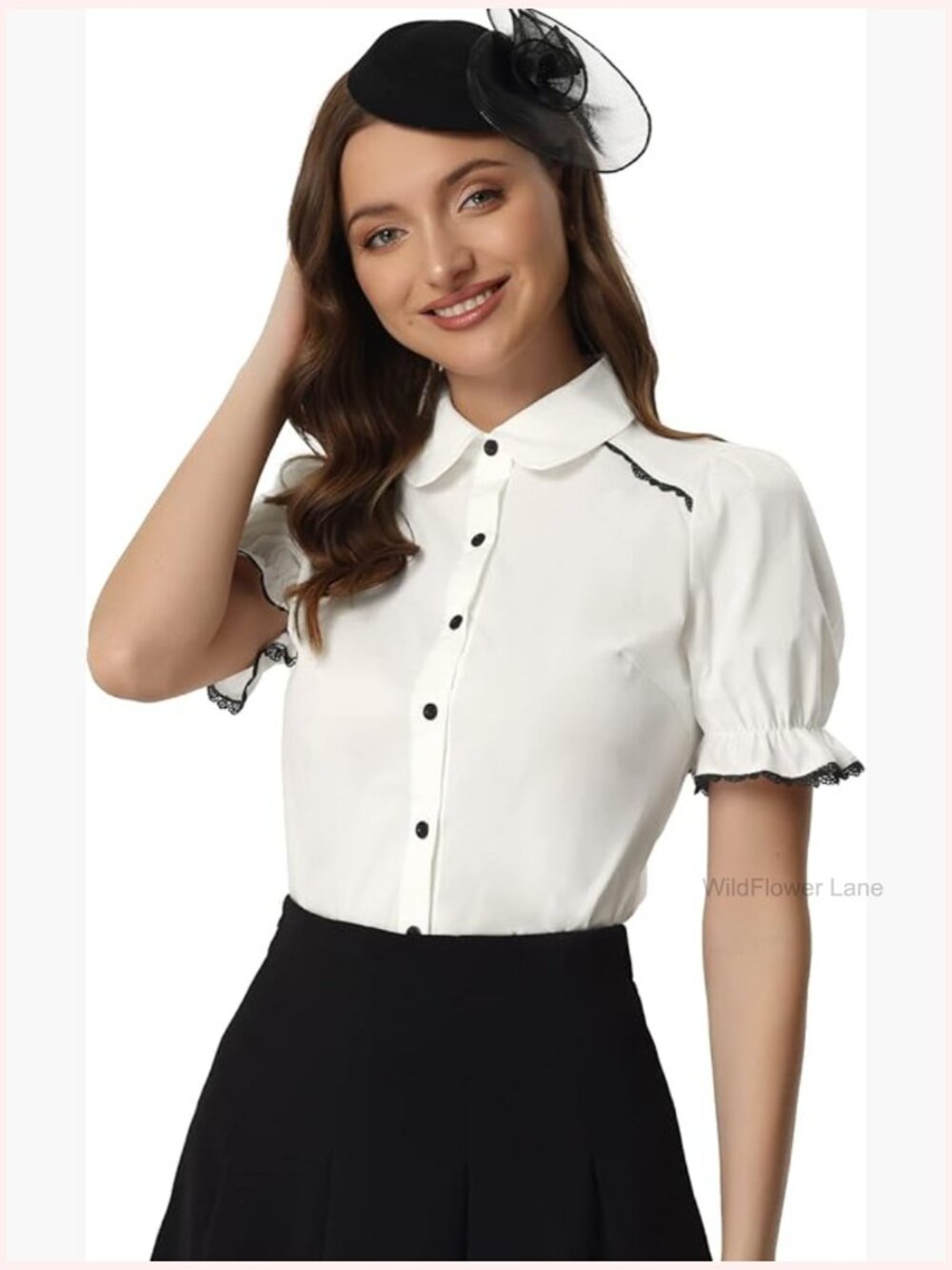 Peter Pan Collar Blouse Short Sleeve Puff Ruffle Button Down Retro Top